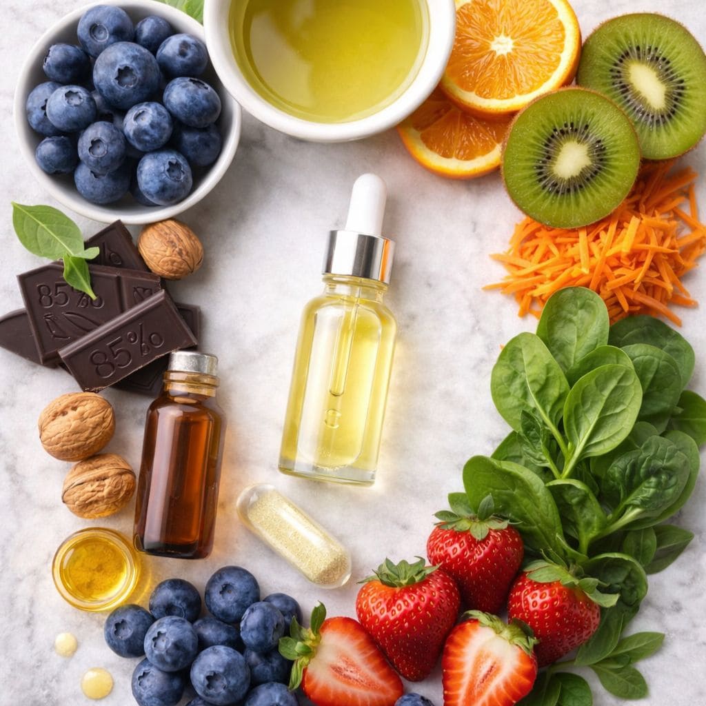 Antioxidantes alimentación y cosmética - frutas coloridas (arándanos, fresas, naranja, kiwi), verduras (espinacas, zanahoria), frutos secos, té verde rodeando sérum vitamina C y aceites naturales. Combaten radicales libres, previenen envejecimiento