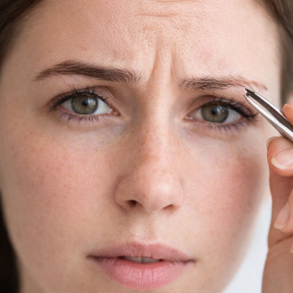 Mujer depilándose cejas con pinza profesional - peligros depilación excesiva: daño folículo permanente, alopecia, pelos encarnados, asimetría. Recuperar con aceite ricino.