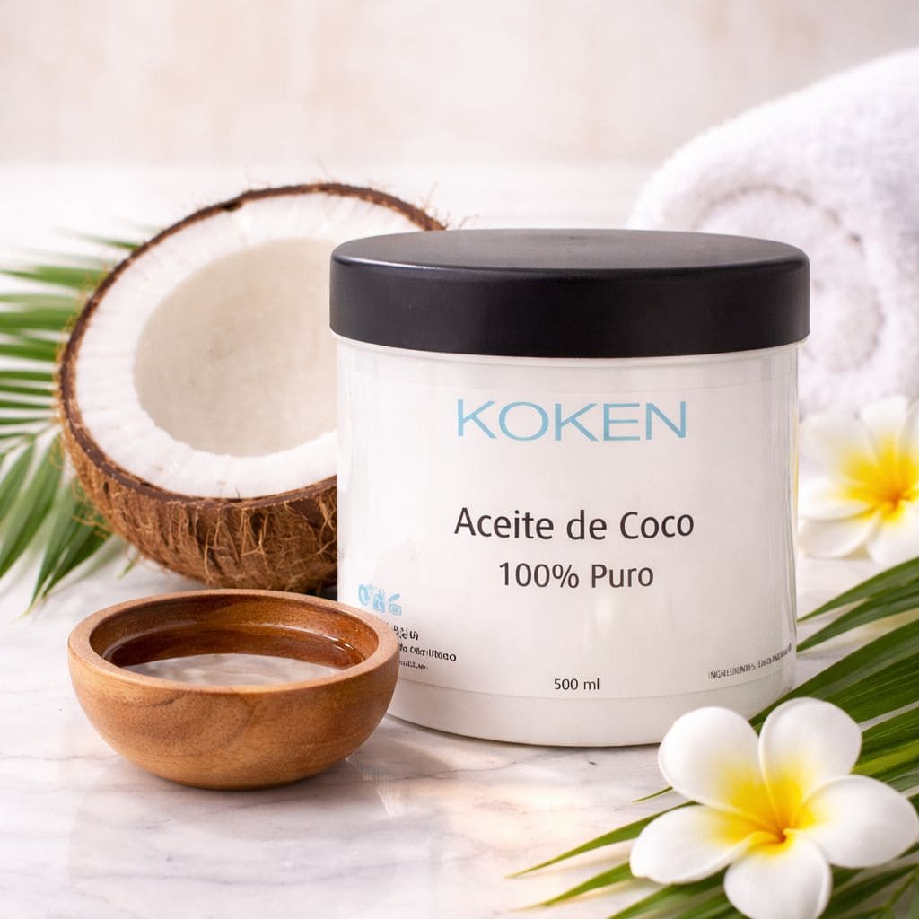 Aceite de coco virgen para la piel: hidratación profunda, antibacteriano natural (ácido láurico 49%), antioxidante vitamina E y efecto antiinflamatorio. Ayuda a reparar la piel, mejorar elasticidad y reducir sequedad; ideal como hidratante corporal, desmaquillante o mascarilla. Aceite Coco 500 ml Koken prensado en frío multiusos. Precaución: comedogénico (4/5), mejor para piel seca o normal.