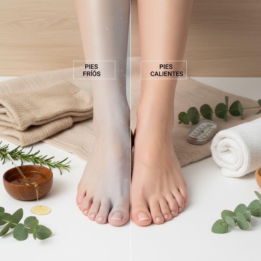 Pies fríos: contraste visual frío vs cálido. Causas principales mala circulación, anemia, hipotiroidismo, Raynaud, diabetes, neuropatía, estrés y tabaquismo. Soluciones: baños frío-calor, masajes con aceites Koken (romero, laurel, ciprés, geranio), ejercicio diario, calcetines térmicos, alimentación adecuada y reducción estrés. Consultar médico ante dolor intenso, heridas o cambios de color persistentes.