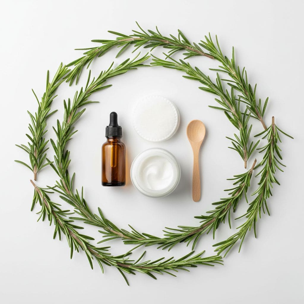 Círculo de ramas frescas de romero con botella de aceite esencial ámbar, frasco de crema blanca y cuchara de madera sobre fondo blanco - Cosmética natural Koken
