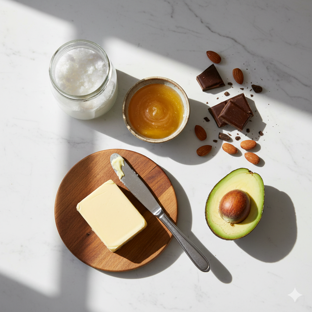 Composición de fuentes saludables de grasas saturadas sobre mármol blanco: aceite de coco sólido en tarro de vidrio, ghee líquido dorado en cuenco, mantequilla en tabla de madera, chocolate negro, almendras y medio aguacate con luz natural