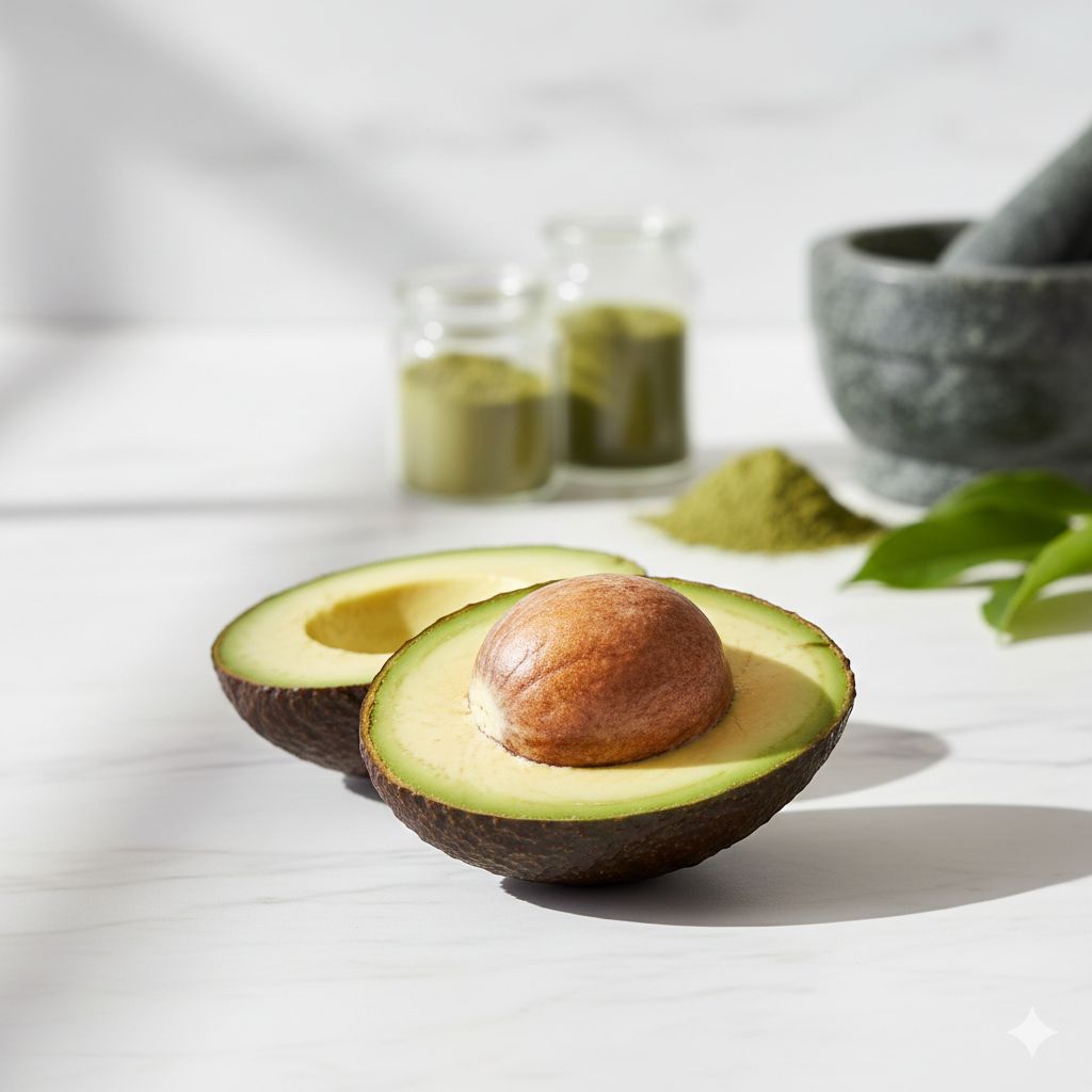Aguacate cortado por la mitad mostrando la semilla marrón sobre superficie blanca minimalista con mortero de piedra, polvo de semilla de aguacate en frascos de vidrio y hojas verdes al fondo, representando ingredientes naturales para cosmética y remedios caseros