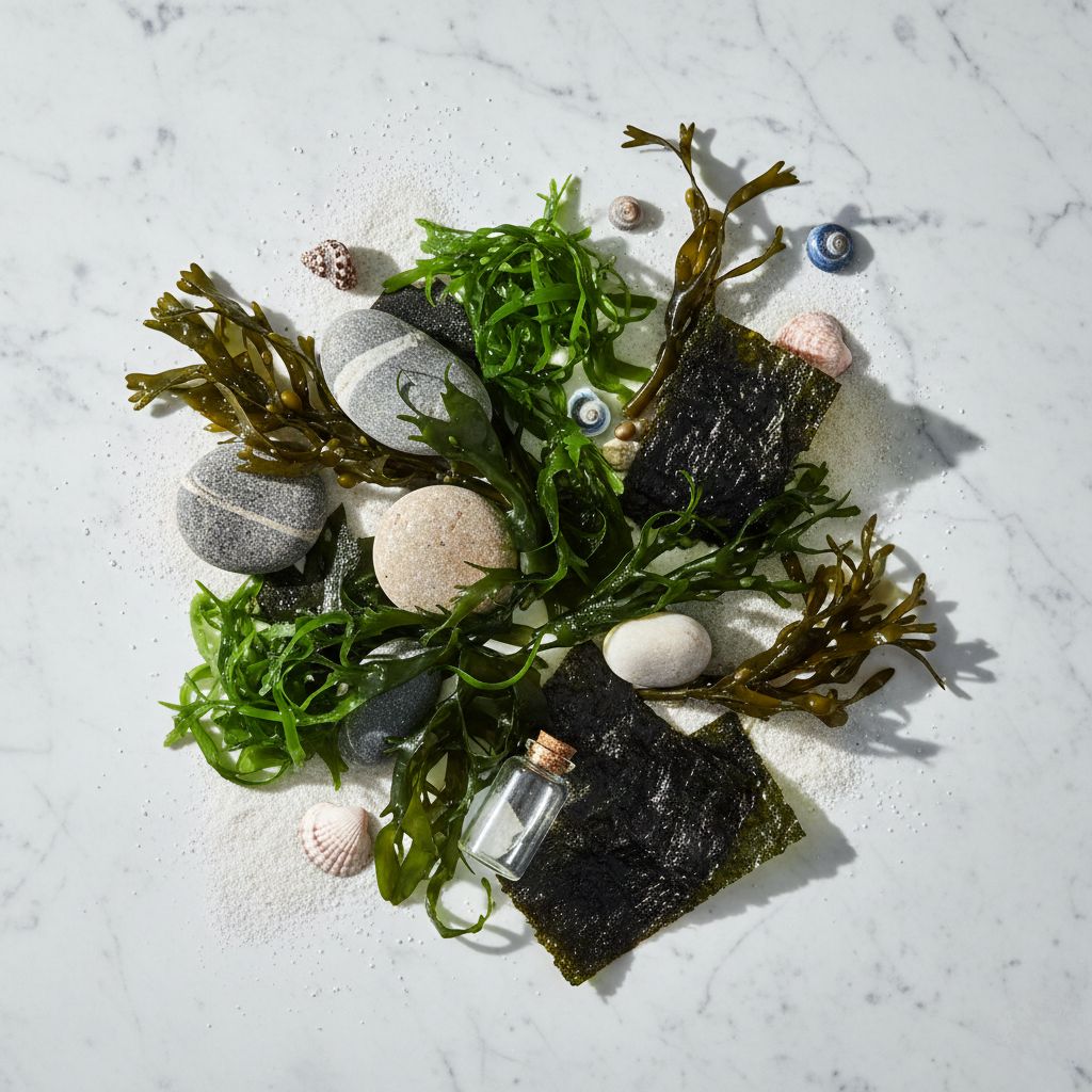 Composición artística de diferentes tipos de algas marinas frescas sobre mármol blanco con elementos marinos, incluyendo wakame verde, nori y kombu, rodeadas de piedras de playa, conchas y arena