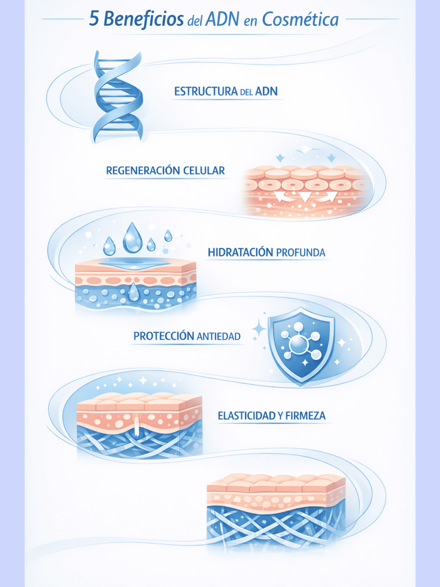 Infografía educativa mostrando los 5 principales beneficios del ADN en cosmética: estructura del ADN, regeneración celular, hidratación profunda, protección antiedad y elasticidad con firmeza
