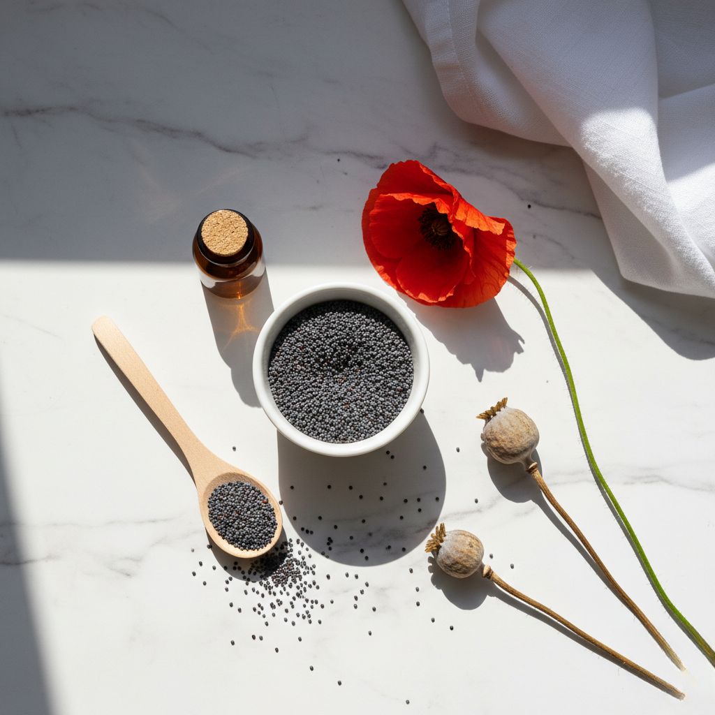 Semillas de amapola azul-grisáceas en cuenco blanco con flor roja, cápsula seca y cuchara de madera sobre mármol blanco - Propiedades y beneficios de las semillas de amapola - Koken Cosmetics