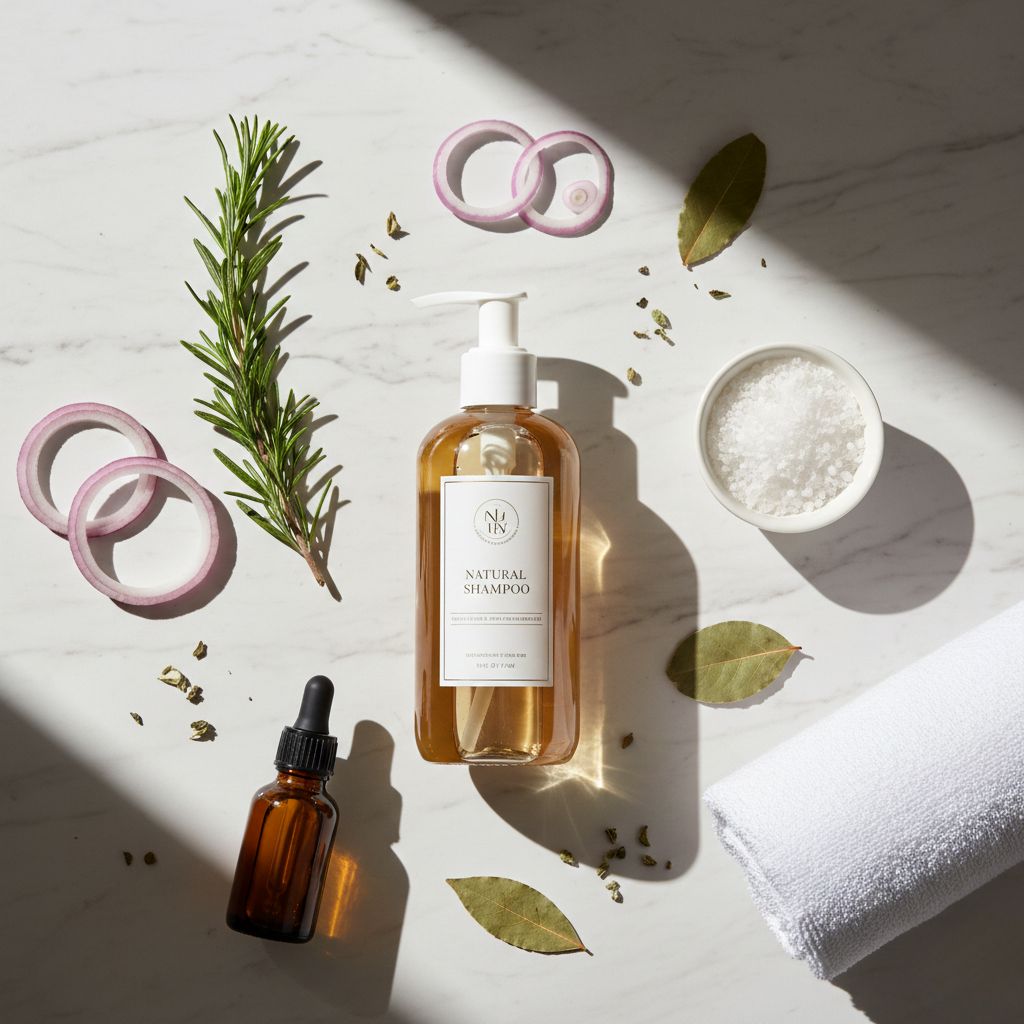 Champú natural con cebolla, romero y aceite de ricino sobre mármol blanco - Tratamiento profesional para la caspa - Koken Cosmetics