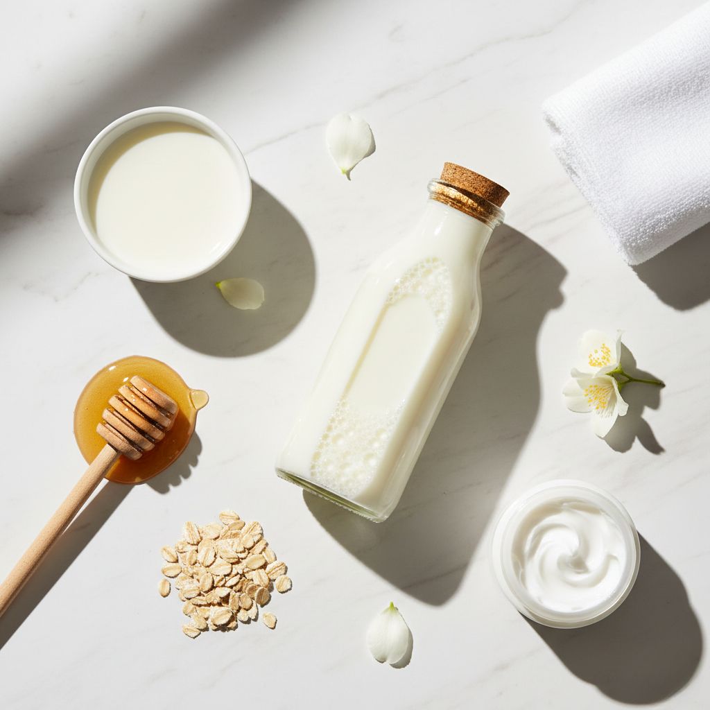 Botella de leche fresca, cuenco de leche, crema facial, avena, miel y flor blanca sobre mármol - Cosmética natural con leche - Koken Cosmetics