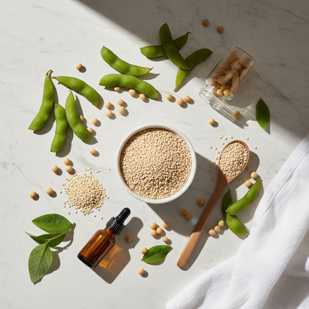 Gránulos de lecitina de soja en cuenco blanco con vainas de edamame, semillas y cápsulas sobre mármol - Propiedades y beneficios de la lecitina de soja - Koken Cosmetics