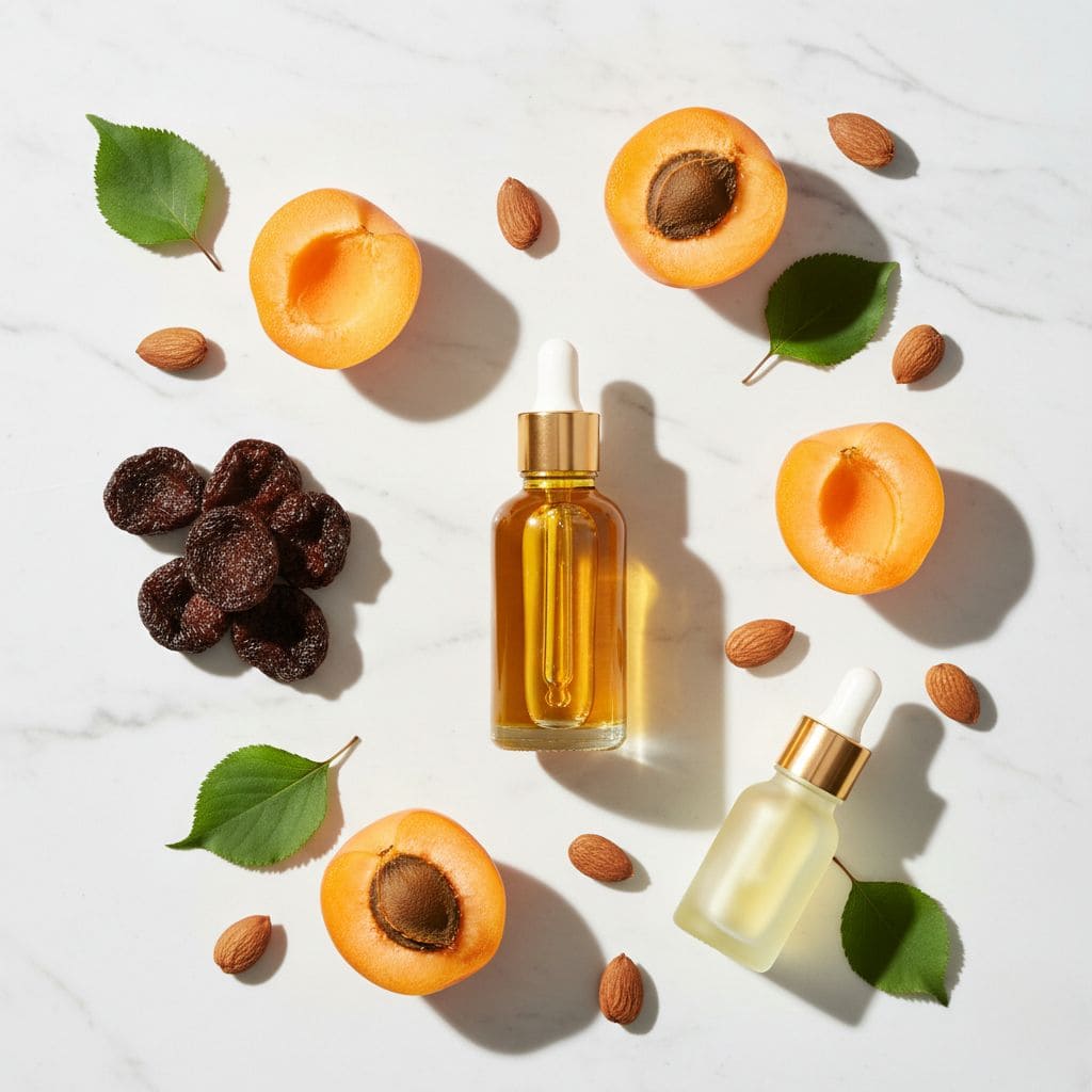 Aceite de semilla de albaricoque en frascos con gotero rodeado de albaricoques frescos cortados, almendras y hojas verdes sobre mármol blanco - cosmética natural