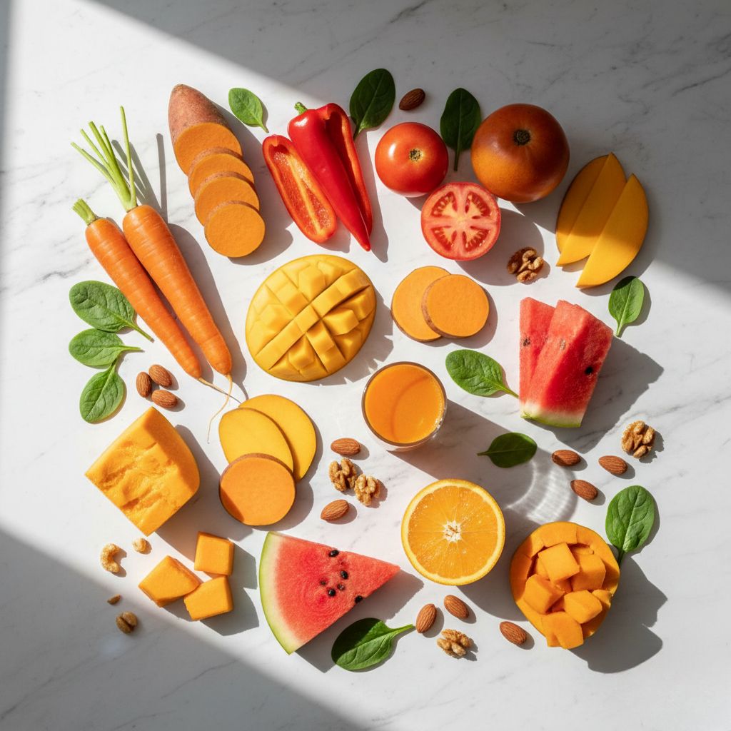 Alimentos para broncearse: zanahorias frescas, batata, pimientos rojos, tomates, mango, papaya, sandía, zumo de zanahoria, frutos secos y espinacas sobre mármol Alimentos para broncearse: zanahorias frescas, batata, pimientos rojos, tomates, mango, papaya, sandía, zumo de zanahoria, frutos secos y espinacas sobre mármol blanco - Dieta para bronceado perfecto - Koken Cosmetics