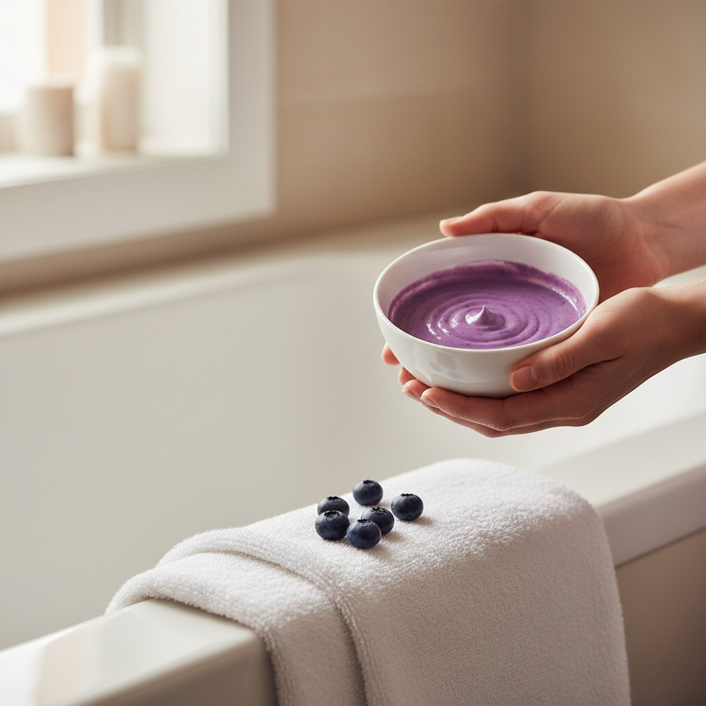 Manos sosteniendo bowl con mascarilla facial de arándanos color morado sobre toalla blanca con arándanos frescos - tratamiento natural de belleza spa