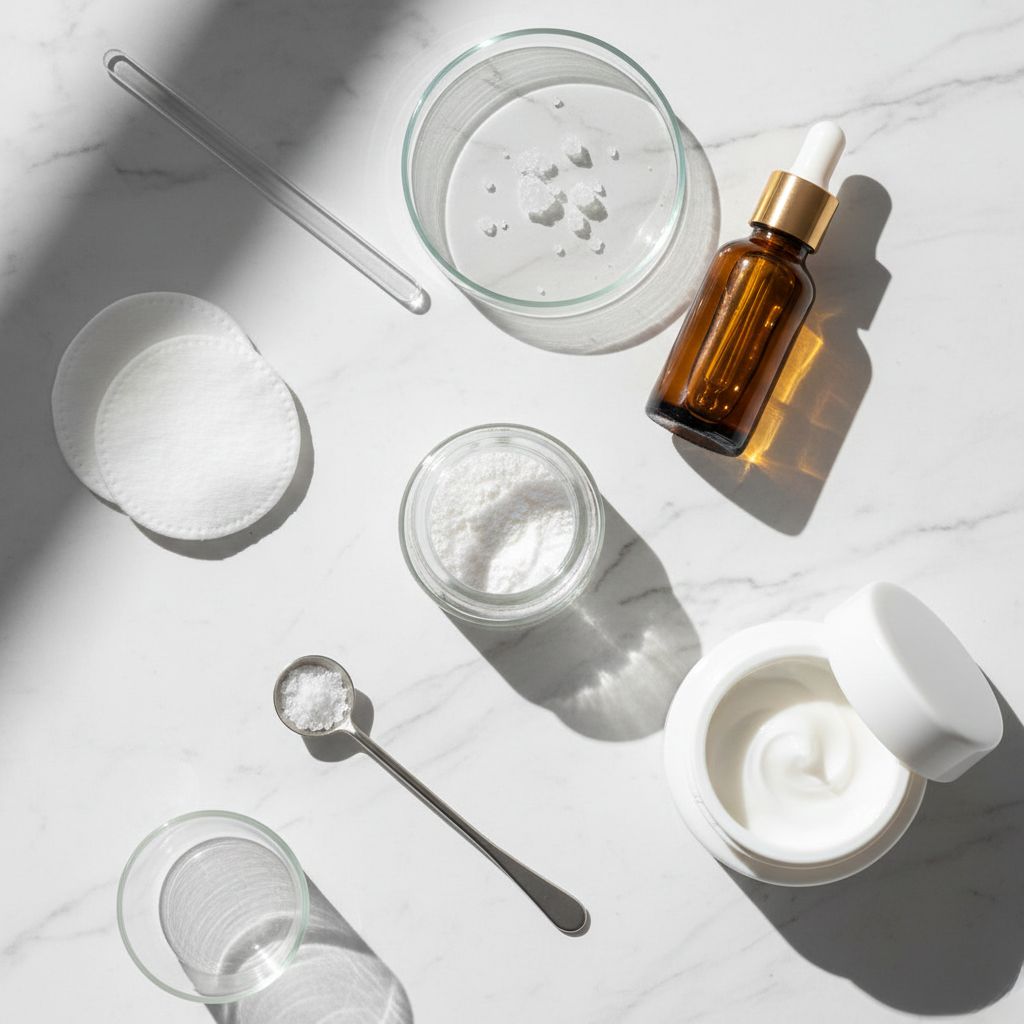 Ácido kójico en polvo blanco cristalino en tarro de cristal con frasco gotero de sérum, placa de petri y elementos de laboratorio sobre mármol blanco - Despigmentante para manchas - Koken Cosmetics