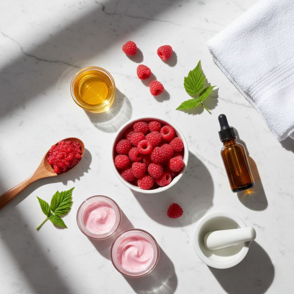 Frambuesas rojas frescas con tarro de crema facial rosa, aceite de semilla de frambuesa en frasco gotero, hojas y cuchara de madera sobre mármol blanco - Beneficios de la frambuesa para la piel - Koken Cosmetics