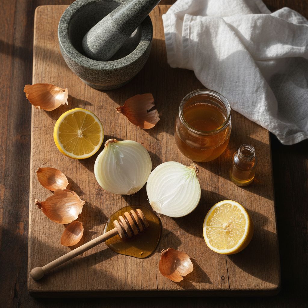 Remedios naturales con cebolla: cebolla blanca entera y cortada, tarro de jarabe con miel, limón, frasco de jugo y paño de lino sobre tabla de madera rústica - Usos medicinales de la cebolla - Koken Cosmetics
