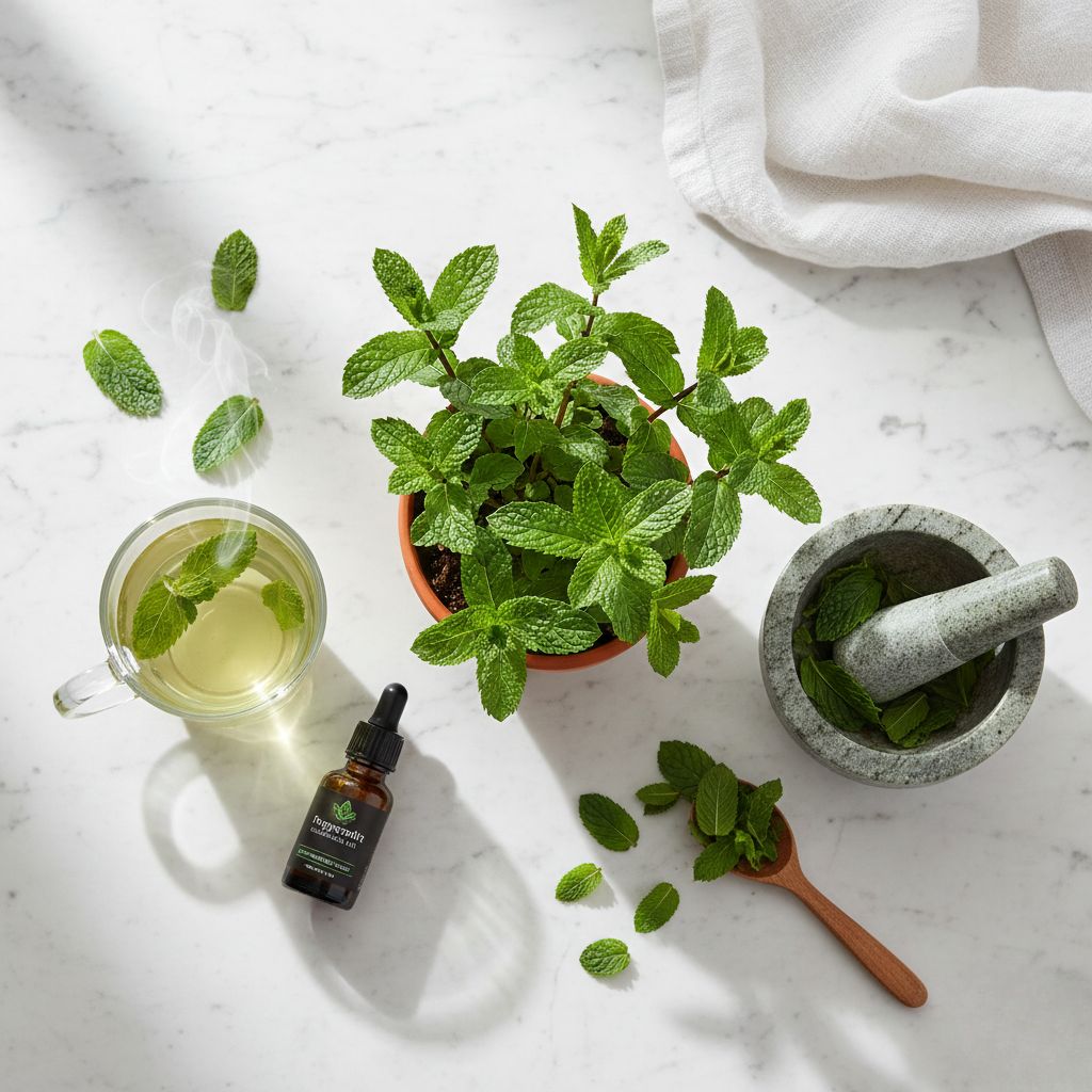 Planta de menta fresca en maceta de terracota con hojas verdes vibrantes, taza de té de menta, aceite esencial y mortero sobre mármol blanco - Beneficios de la menta - Koken Cosmetics