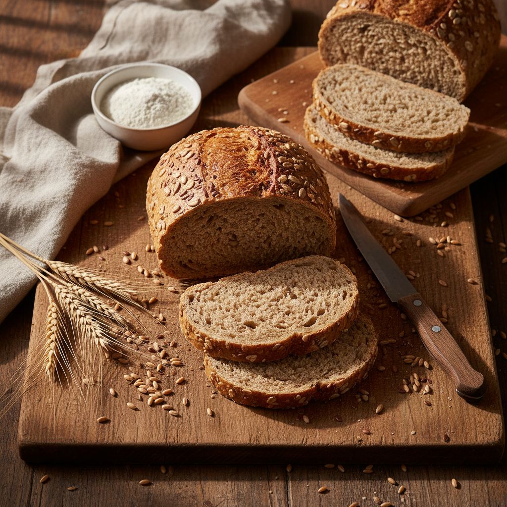 Pan integral artesanal cortado mostrando textura densa con granos visibles, espigas de trigo, harina integral y cuchillo sobre tabla de madera rústica - Ventajas y beneficios del pan integral - Koken Cosmetics