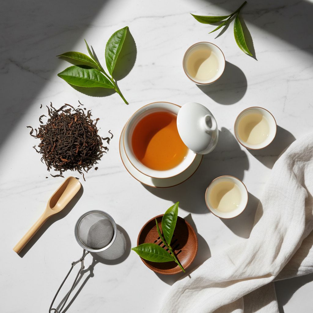 Ceremonia de té oolong con gaiwan tradicional chino, hojas de té secas retorcidas, tazas blancas y bambú sobre mármol blanco - Propiedades y beneficios del té oolong para adelgazar - Koken Cosmetics