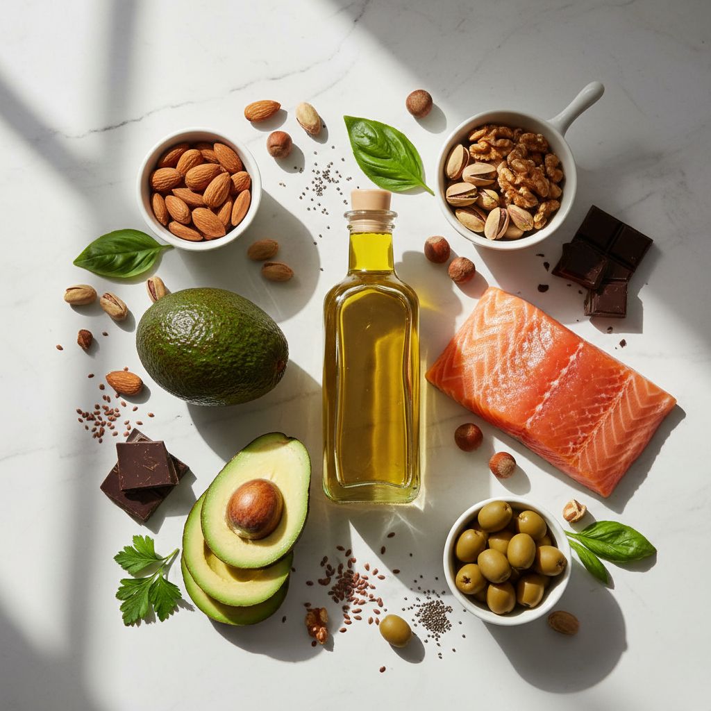 Grasas insaturadas saludables: botella aceite oliva, aguacate, salmón fresco, frutos secos variados, semillas de chía y lino sobre mármol blanco - Alimentos ricos en grasas buenas - Koken Cosmetics