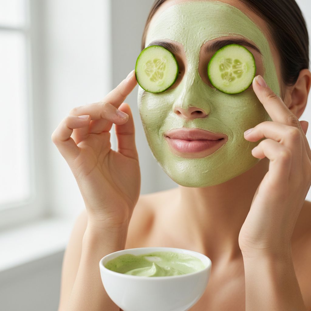 Pepino fresco cortado con cuenco de mascarilla verde, tarro de tónico, rodajas para ojos, toalla blanca y menta sobre mármol blanco - Propiedades del pepino para la piel - Koken Cosmetics