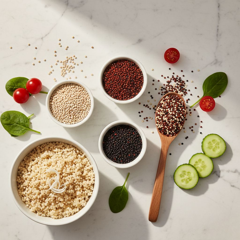 Tres variedades de quinoa en cuencos: blanca marfil, roja borgoña y negra sobre mármol blanco, con quinoa cocida esponjosa mostrando germen en espiral - Propiedades y beneficios de la quinoa - Koken Cosmetics