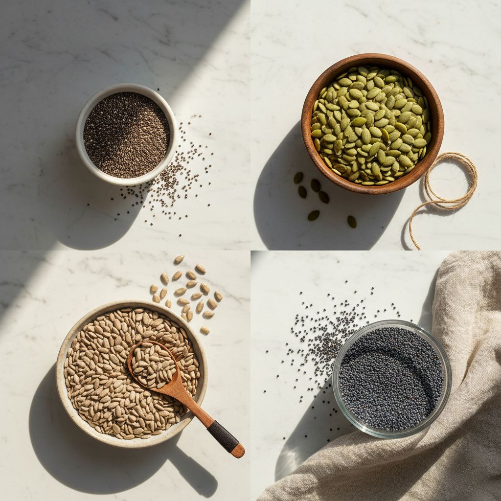 Cuatro tipos de semillas saludables: chía negra, semillas calabaza verdes, girasol rayadas y amapola en cuencos sobre mármol blanco - Semillas para la dieta - Koken Cosmetics
