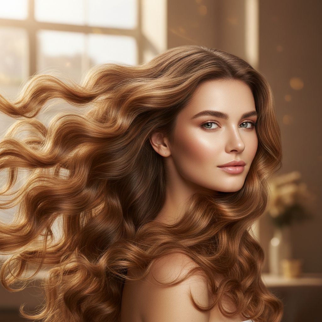 Collage profesional mostrando 6 tipos de cabello: lacio brillante, fino delgado, ondulado, grueso voluminoso, rizado con rizos definidos y con frizz texturizado - Guía completa tipos de pelo - Koken Cosmetics