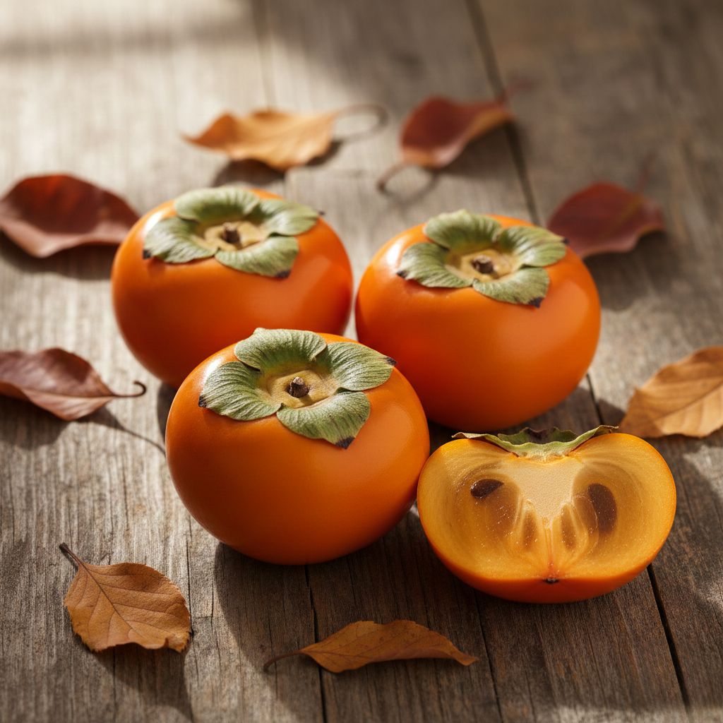Caquis frescos maduros de color naranja brillante con cáliz verde sobre mesa de madera rústica, uno cortado mostrando pulpa interior, rodeados de hojas secas de otoño