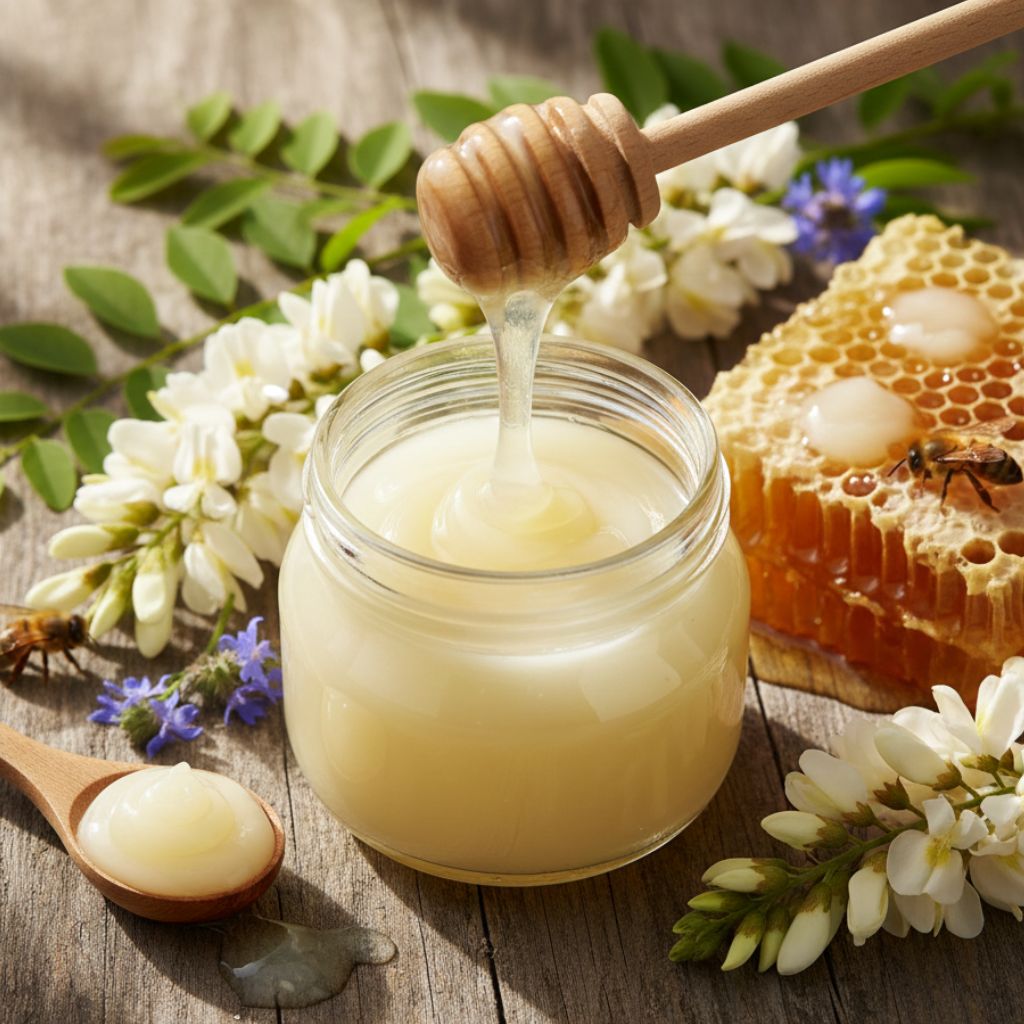 Composición natural de jalea real fresca cremosa blanco-amarilla en tarro de vidrio con cucharón de miel suspendido, panal de abejas dorado con abeja trabajadora, flores blancas de acacia y mesa de madera rústica