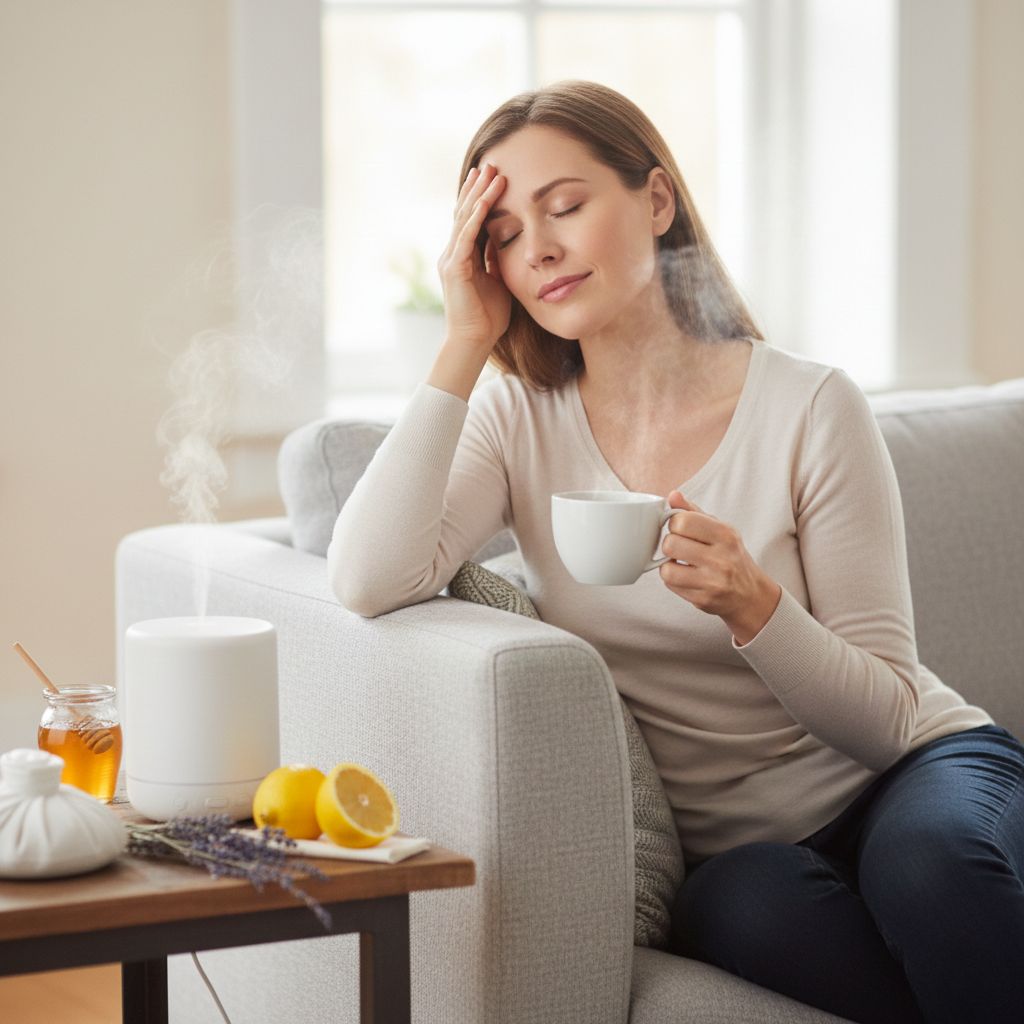 Mujer joven sentada en sofá gris aliviando dolor de cabeza con mano en frente mientras sostiene taza de té herbal blanca, con remedios naturales sobre mesa: tarro de miel, limones frescos y lavanda seca, en salón luminoso con ventanas grandes