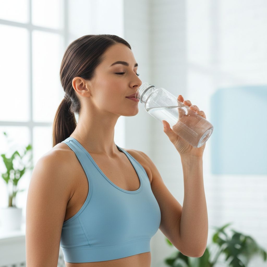 Mujer joven saludable en ropa deportiva azul bebiendo agua de vaso transparente con ojos cerrados en ambiente luminoso con ventanas grandes, concepto de hidratación para pérdida de peso