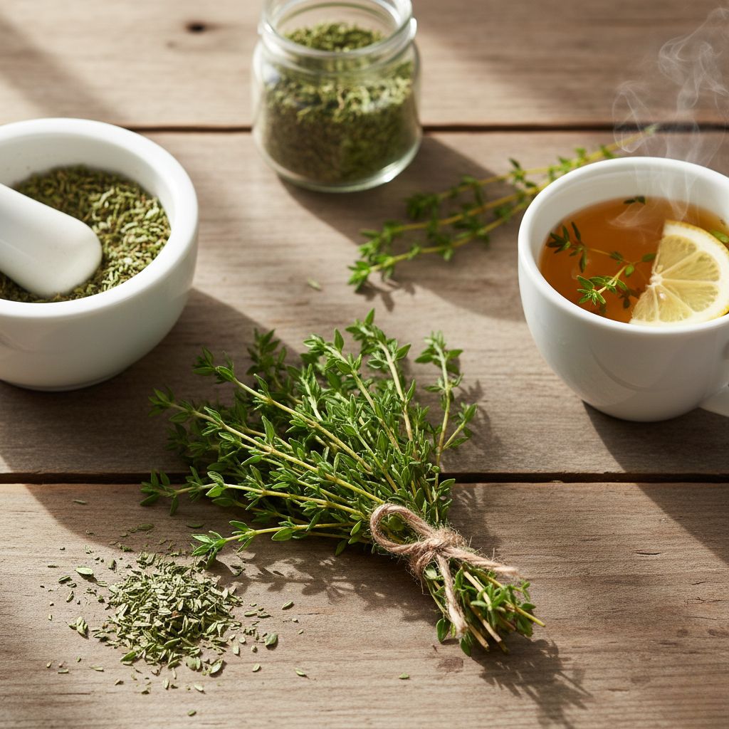 Composición de tomillo fresco y seco sobre mesa de madera rústica mostrando ramitas atadas con cordel, mortero blanco con tomillo triturado, tarro de vidrio con hierba seca y taza de infusión humeante con rodaja de limón