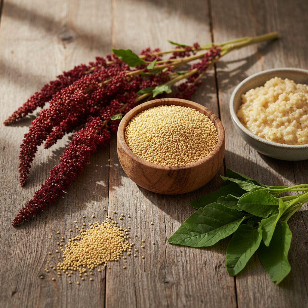 Composición de amaranto mostrando semillas doradas en cuenco de madera, flores rojas burgundy de la planta, hojas verdes frescas y amaranto cocido cremoso sobre mesa rústica de madera