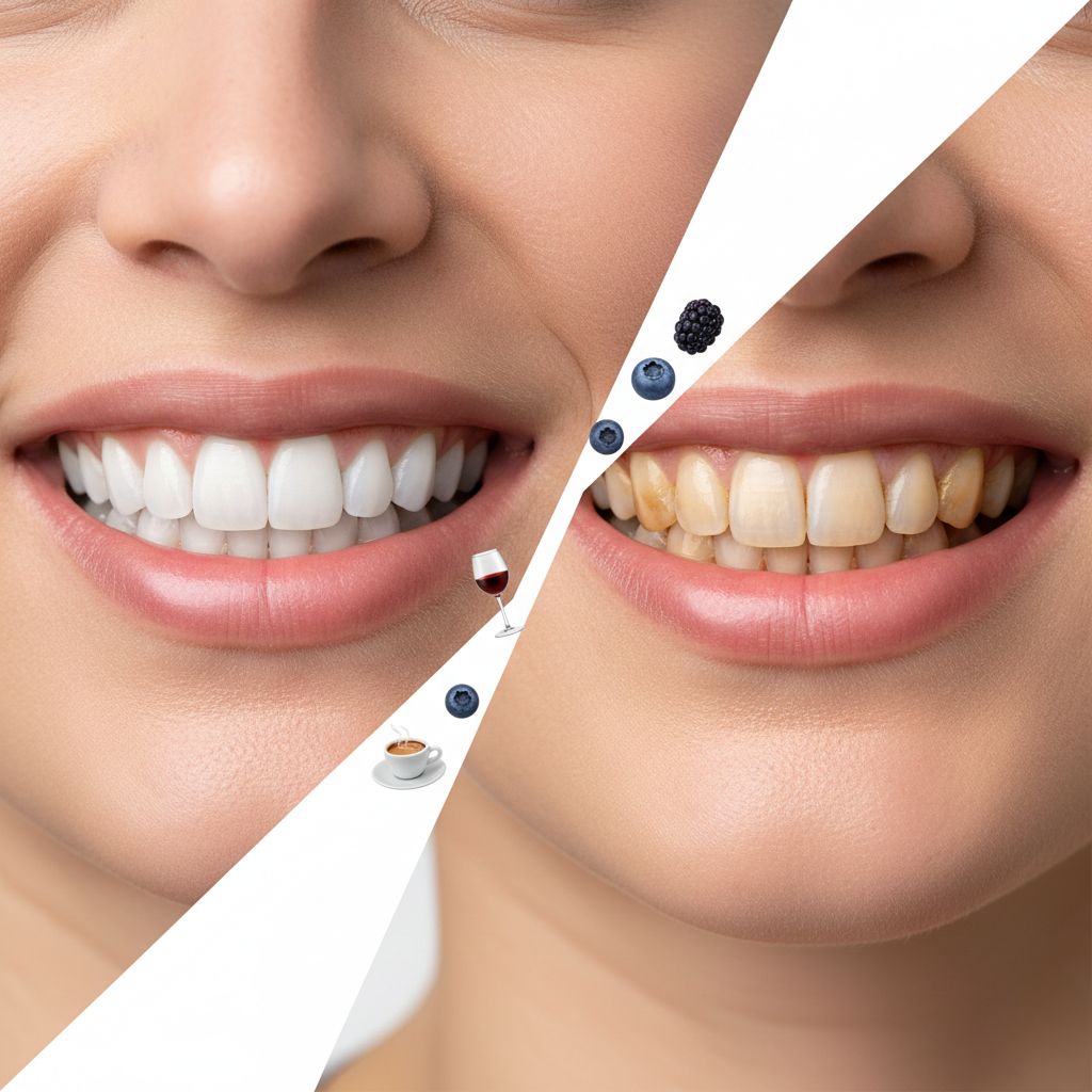 Comparación antes y después mostrando misma persona sonriendo: lado izquierdo dientes blancos perfectos, lado derecho dientes amarillentos manchados, con línea diagonal blanca separando ambos lados mostrando alimentos manchantes: mora, arándanos, copa vino tinto, taza café