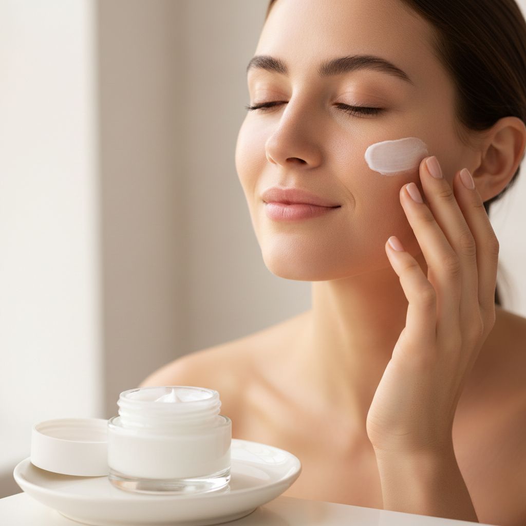 Mujer joven con piel radiante y ojos cerrados aplicando crema hidratante blanca en mejilla con dedos, tarro de crema abierto sobre plato blanco en primer plano, en ambiente luminoso minimalista
