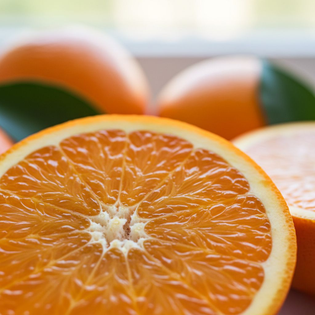 Primer plano macro de naranja fresca cortada por mitad mostrando gajos jugosos naranja vibrante con gotas de jugo, membranas translúcidas y semillas centrales, con naranjas enteras desenfocadas y hojas verdes en fondo