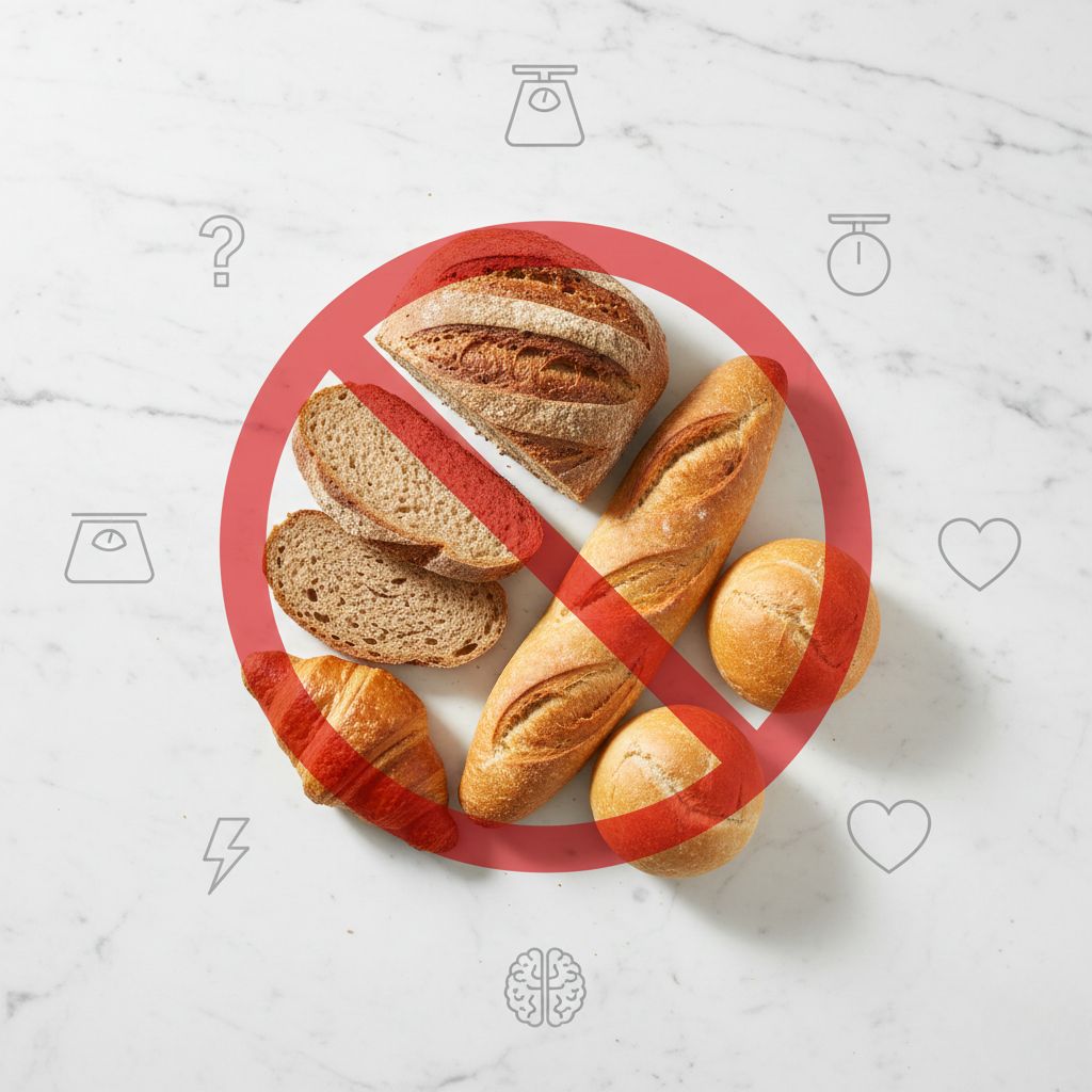 Variedad de panes artesanales incluyendo pan integral, baguettes y panecillos sobre superficie mármol blanco con círculo rojo y diagonal de prohibición superpuesto, rodeado de iconos grises representando efectos en cuerpo: báscula, cronómetro, corazón, cerebro, rayo energía, signo interrogación