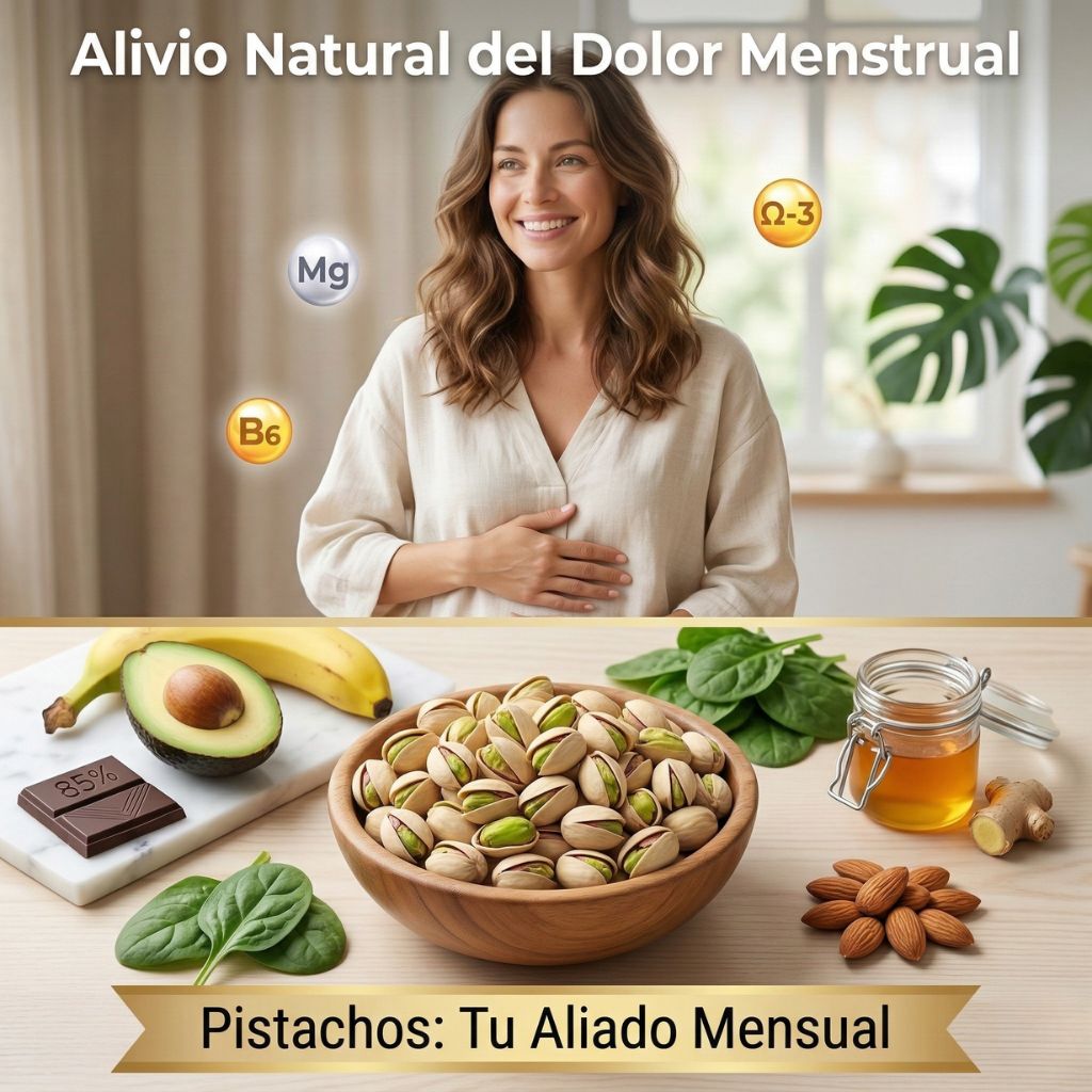 Mujer joven sonriente tocando abdomen con alivio en interior luminoso, iconos flotantes magnesio Mg vitamina B6 omega-3, mitad inferior mesa con alimentos anti-dolor menstrual: cuenco madera pistachos protagonistas, aguacate, plátano, chocolate negro 85%, espinacas, almendras, miel jengibre, texto Pistachos Tu Aliado Mensual