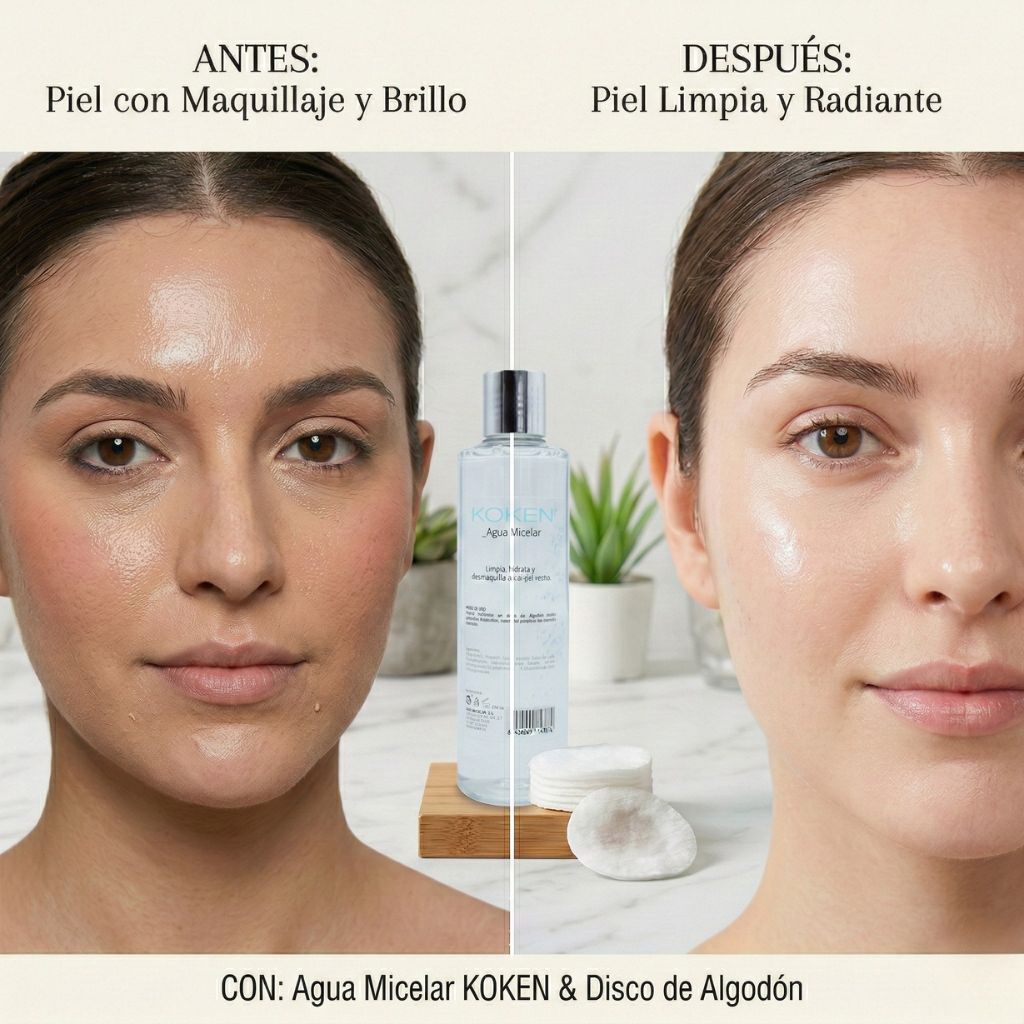 Comparación antes y después limpieza facial: izquierda mujer con piel maquillada brillante poros visibles, derecha misma mujer con piel limpia radiante mate tras usar agua micelar Koken y disco algodón visibles centro sobre base madera, planta verde fondo