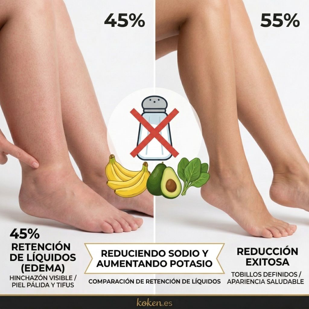 Comparación antes y después retención líquidos: izquierda piernas hinchadas con edema 45% retención visible piel pálida, derecha piernas normales saludables 55% reducción exitosa tobillos definidos, centro salero tachado con X roja y alimentos ricos potasio plátanos aguacate espinacas, texto reduciendo sodio aumentando potasio