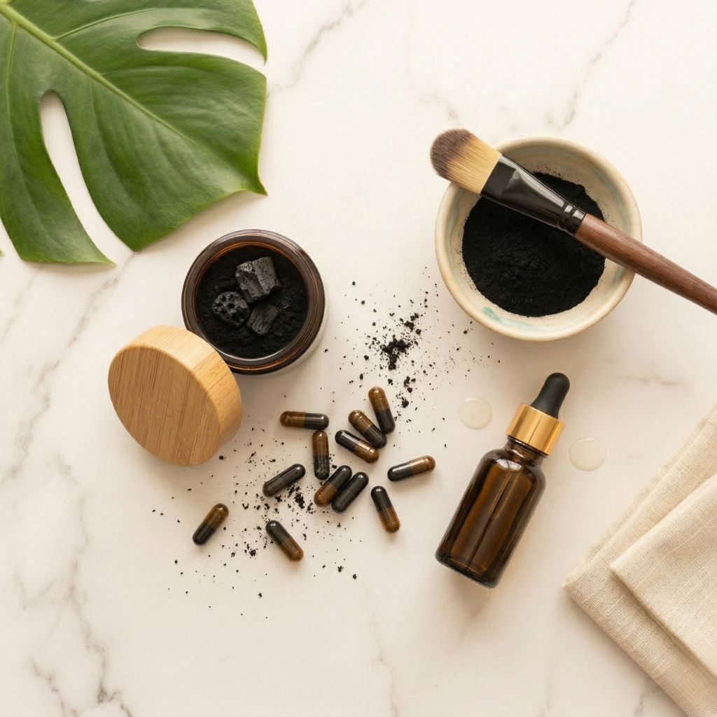 Carbón activo en polvo en tarro ámbar, bol negro con brocha cosmética y cápsulas sobre mármol blanco para mascarilla facial natural
