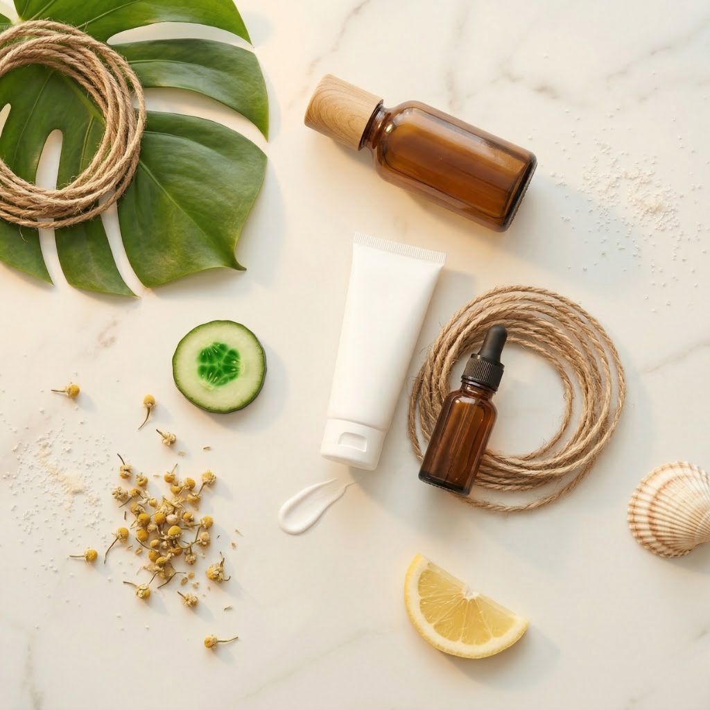 Protector solar en tarro ámbar, crema hidratante, sérum, pepino, limón y conchas de mar sobre mármol blanco para el cuidado de la piel en vacaciones