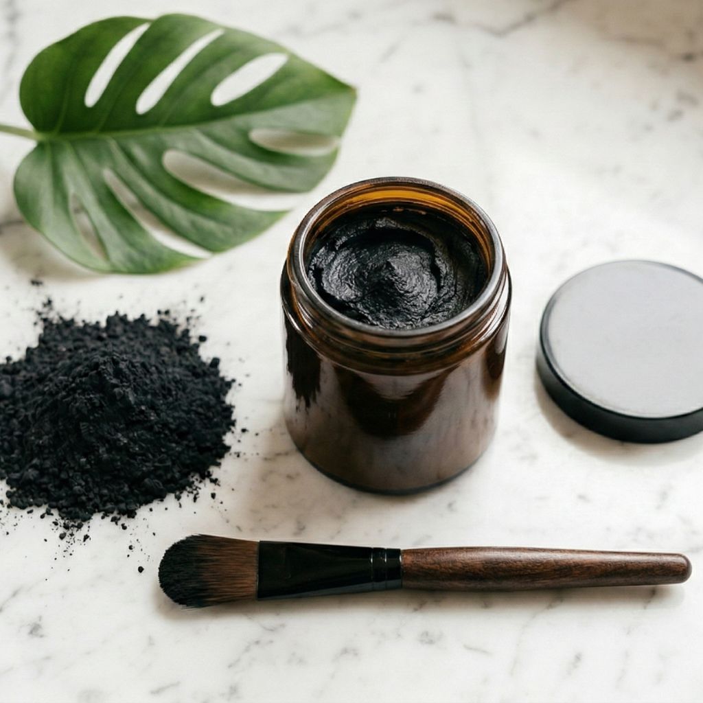 Tarro de mascarilla de carbón activo abierto con polvo negro y brocha sobre superficie de mármol blanco