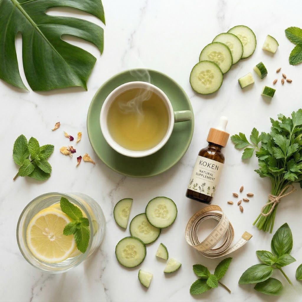 Alimentos ricos en potasio para eliminar la retención de líquidos: plátano, aguacate, alcachofa y sandía sobre mármol blanco