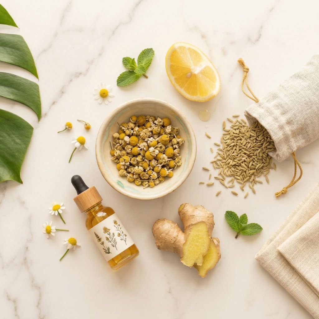 Remedios naturales para evitar gases intestinales: manzanilla, hinojo, jengibre y vinagre de manzana sobre mármol blanco