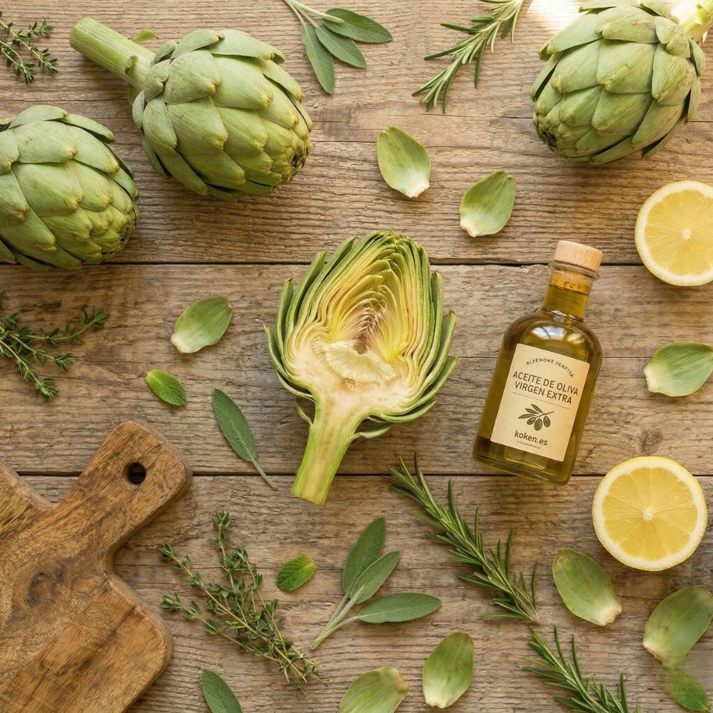 Frasco ámbar de cápsulas de extracto de alcachofa junto a alcachofas frescas sobre mármol blanco