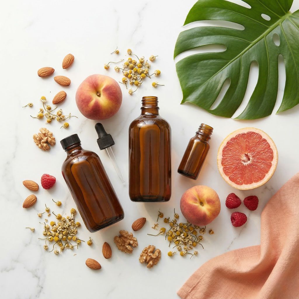 Botella ámbar de aceite de almendras dulces, aceite esencial de pomelo, pomelo fresco cortado, aceite de ciprés y romero sobre mármol blanco para tratamiento anticelulítico natural