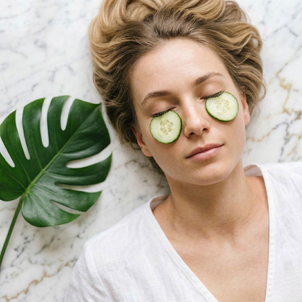 Remedios naturales para eliminar ojeras: pepino, manzanilla, aceite de almendras y fresas sobre mármol blanco