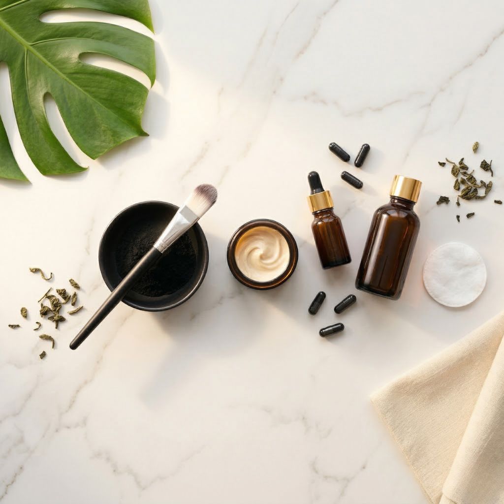 Crema facial purificante en tarro ámbar, bol negro con carbón activo y brocha cosmética, sérum de niacinamida, tónico astringente y cápsulas de carbón sobre mármol blanco para tratar poros dilatados