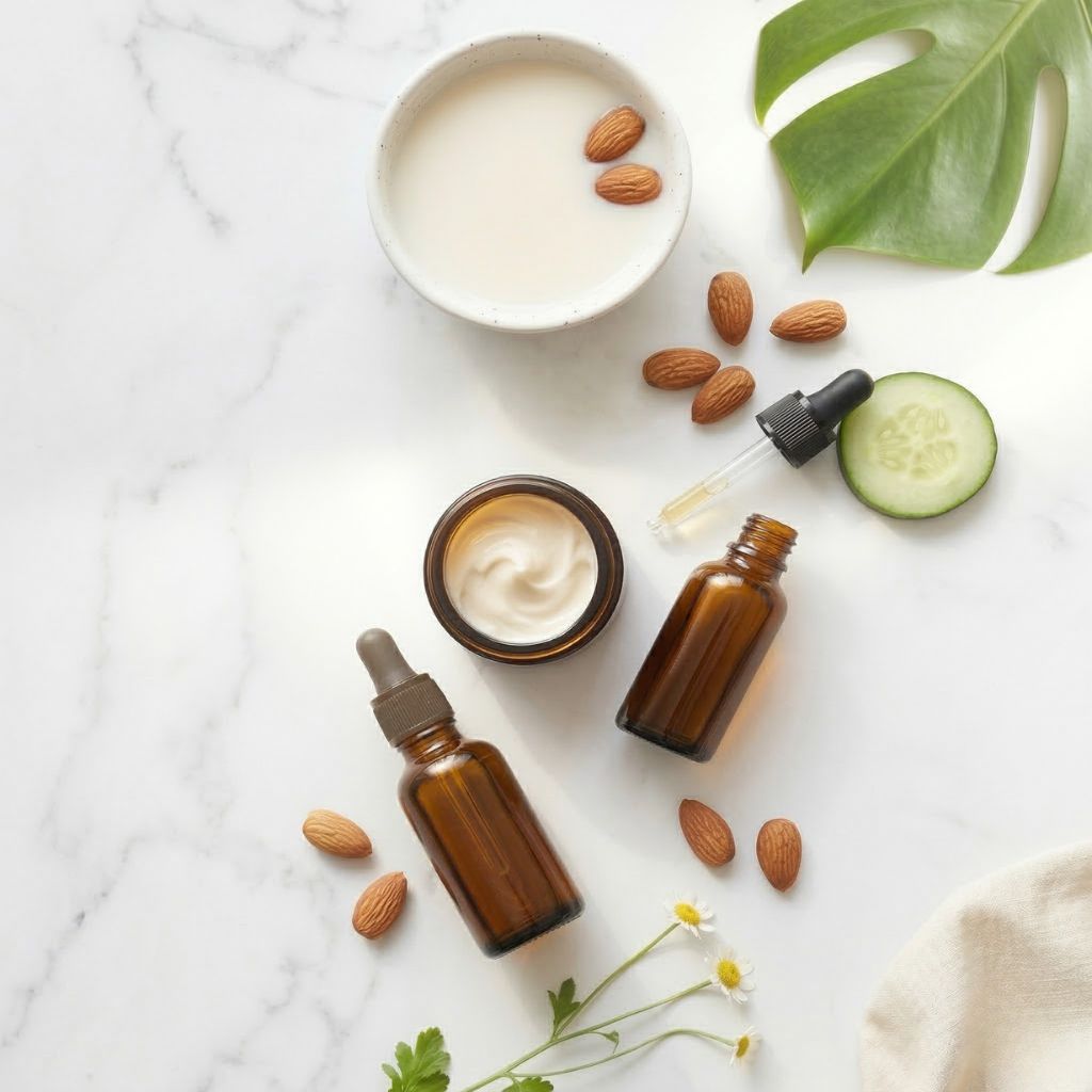 Aceite bronceador en tarro ámbar, after sun, zanahoria cortada, tomate fresco, aceite de coco y maíz sobre mármol blanco para conseguir el moreno perfecto